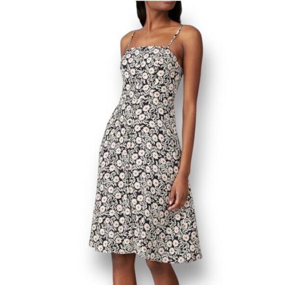 HVN 2 Black Silk Floral Atlanta Midi Dress Fit Flare Square Neck Strappy Summer - Picture 1 of 12